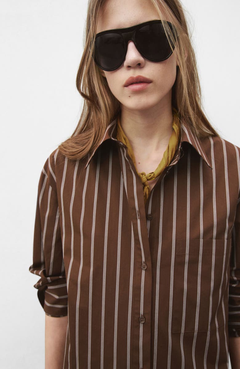 MANGO Stripe Cotton Button-Up Shirt, Alternate, color, Brown