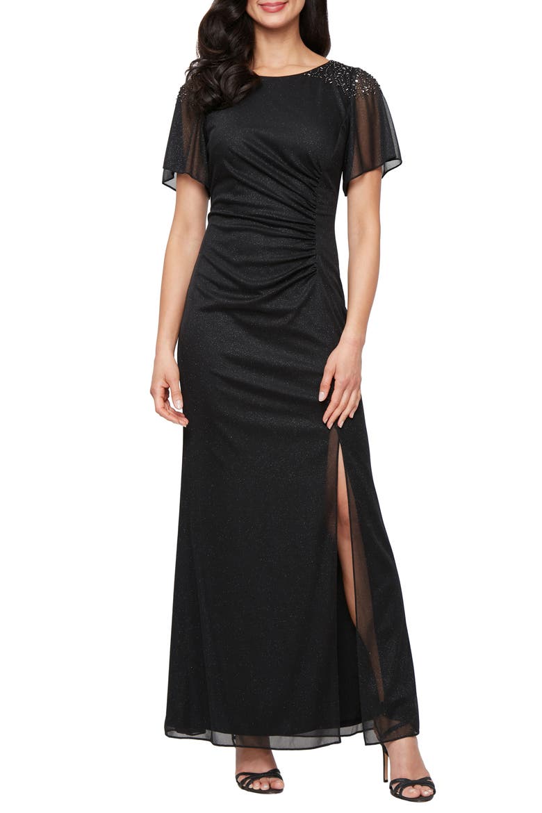 Sparkle Embellished Shoulder Gown, Main, color, BLACK