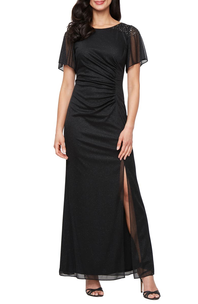 SL FASHIONS Sparkle Embellished Shoulder Gown, Main, color, Black