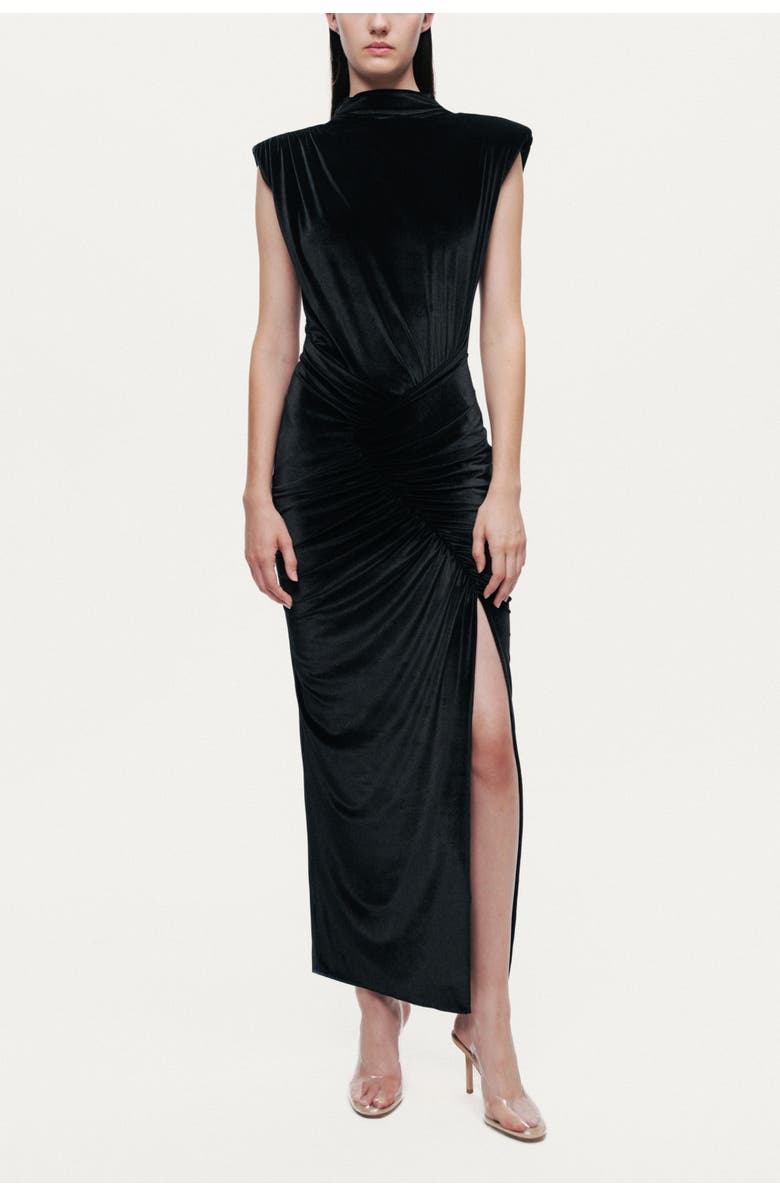 Nocturne High-Neck Ruched Midi Dress, Main, color, Black