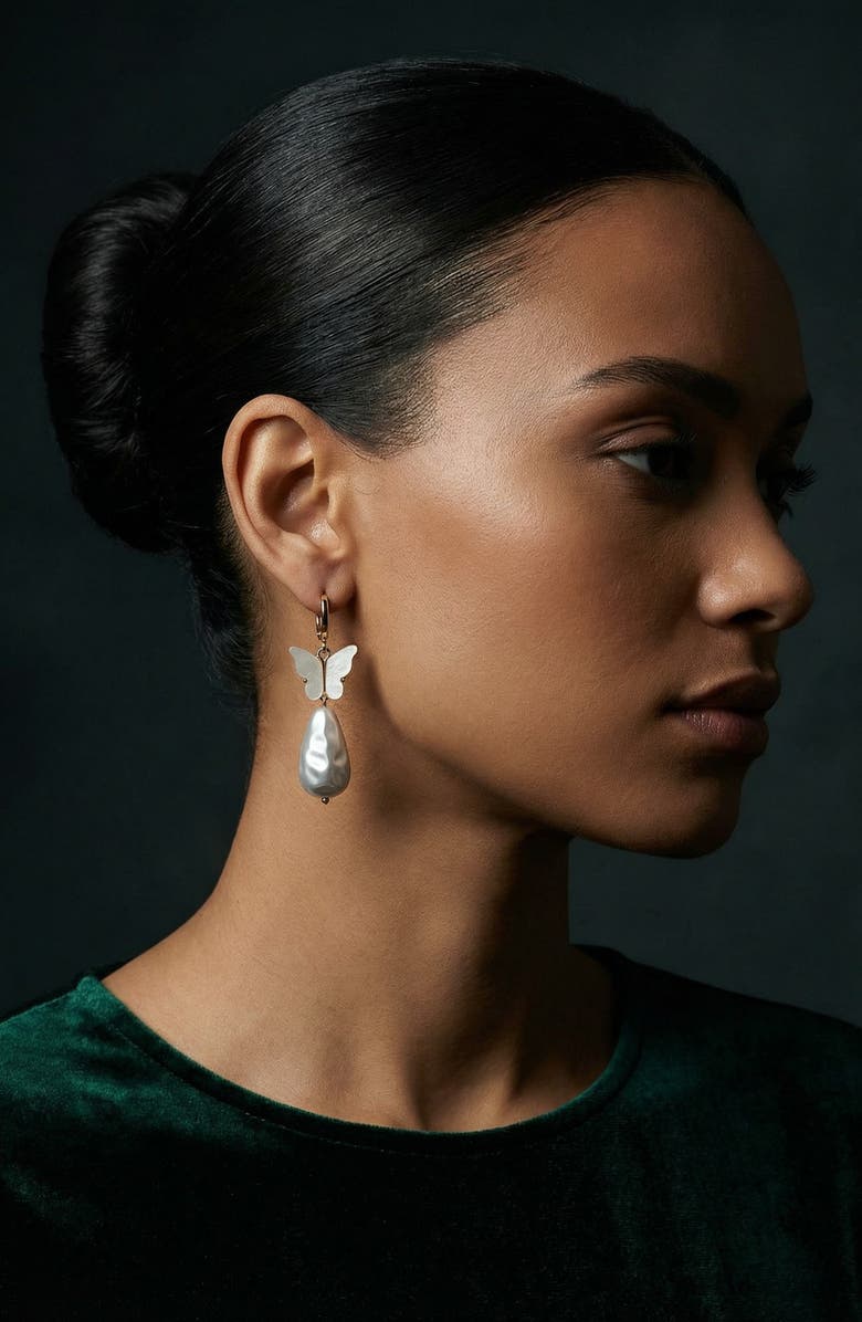 EYE CANDY LOS ANGELES Manon Butterfly Shell Pearl Drop Earrings, Alternate, color,