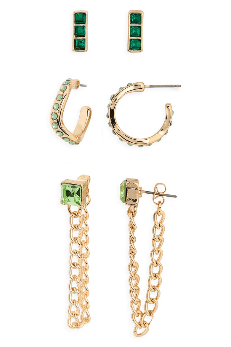 Set of 3 Crystal Earrings, Main, color, GOLD