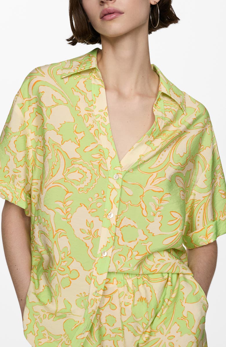 MANGO Floral Short Sleeve Button-Up Shirt, Alternate, color, Lime