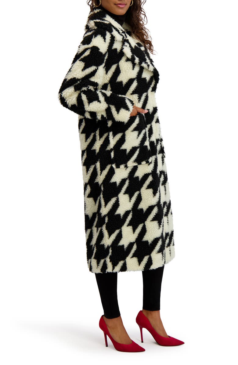 Kensie Houndstooth Faux Shearling Coat, Alternate, color, Black/ White