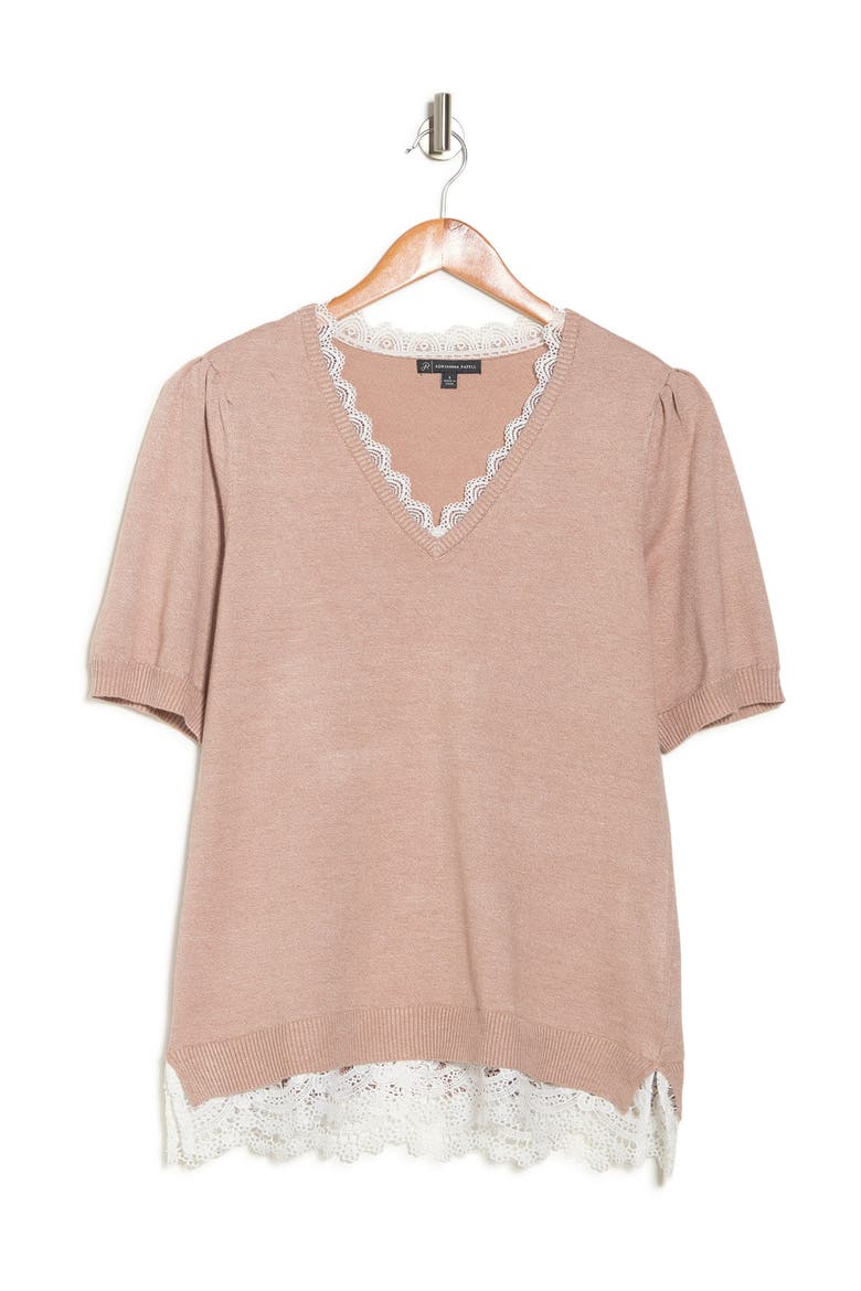 V-Neck Lace Trim Sweater Top, Alternate, color, HEATHER CAFE/ IVORY