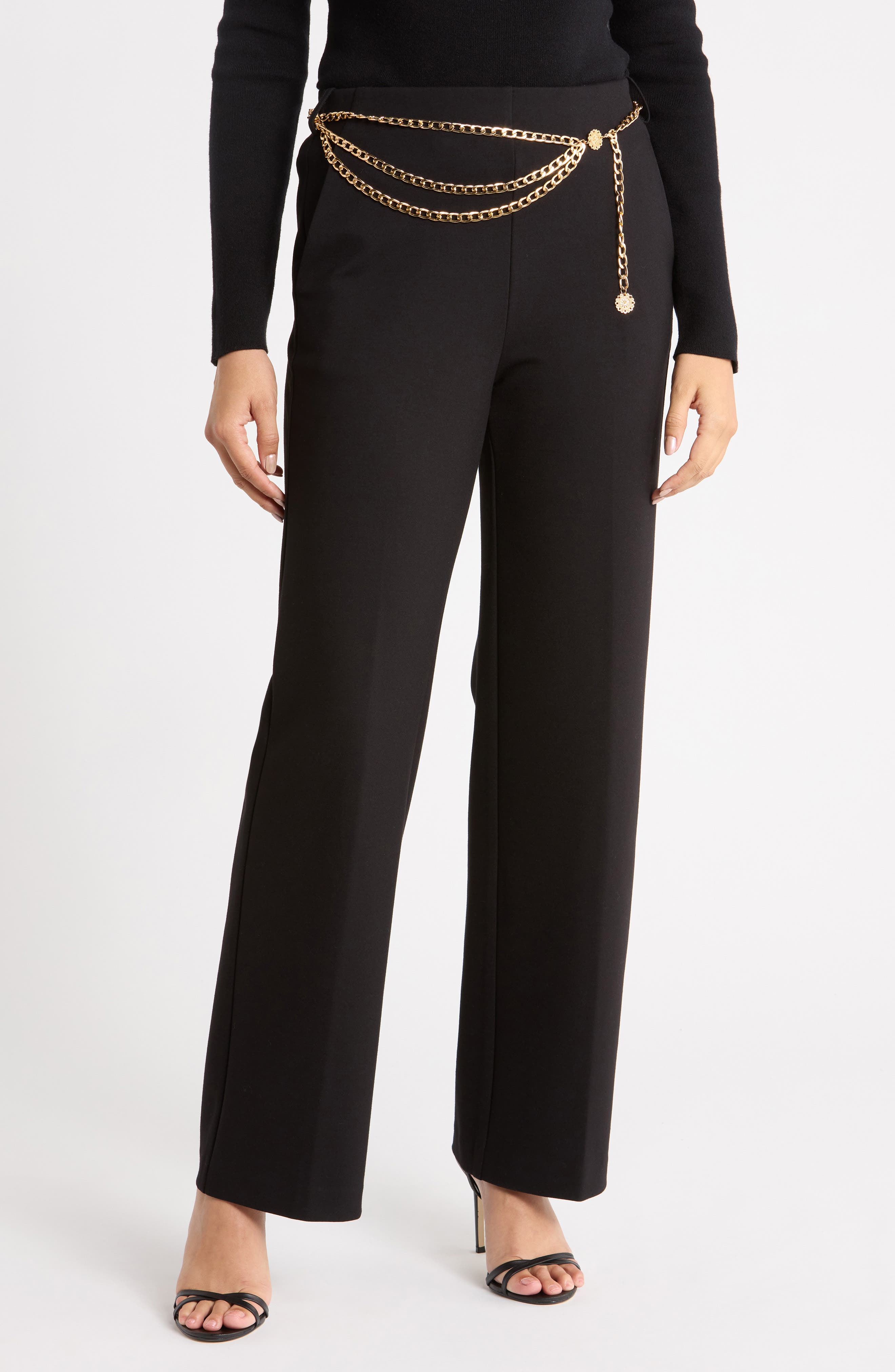 Wide Leg Ponte Pants with Chain Belt