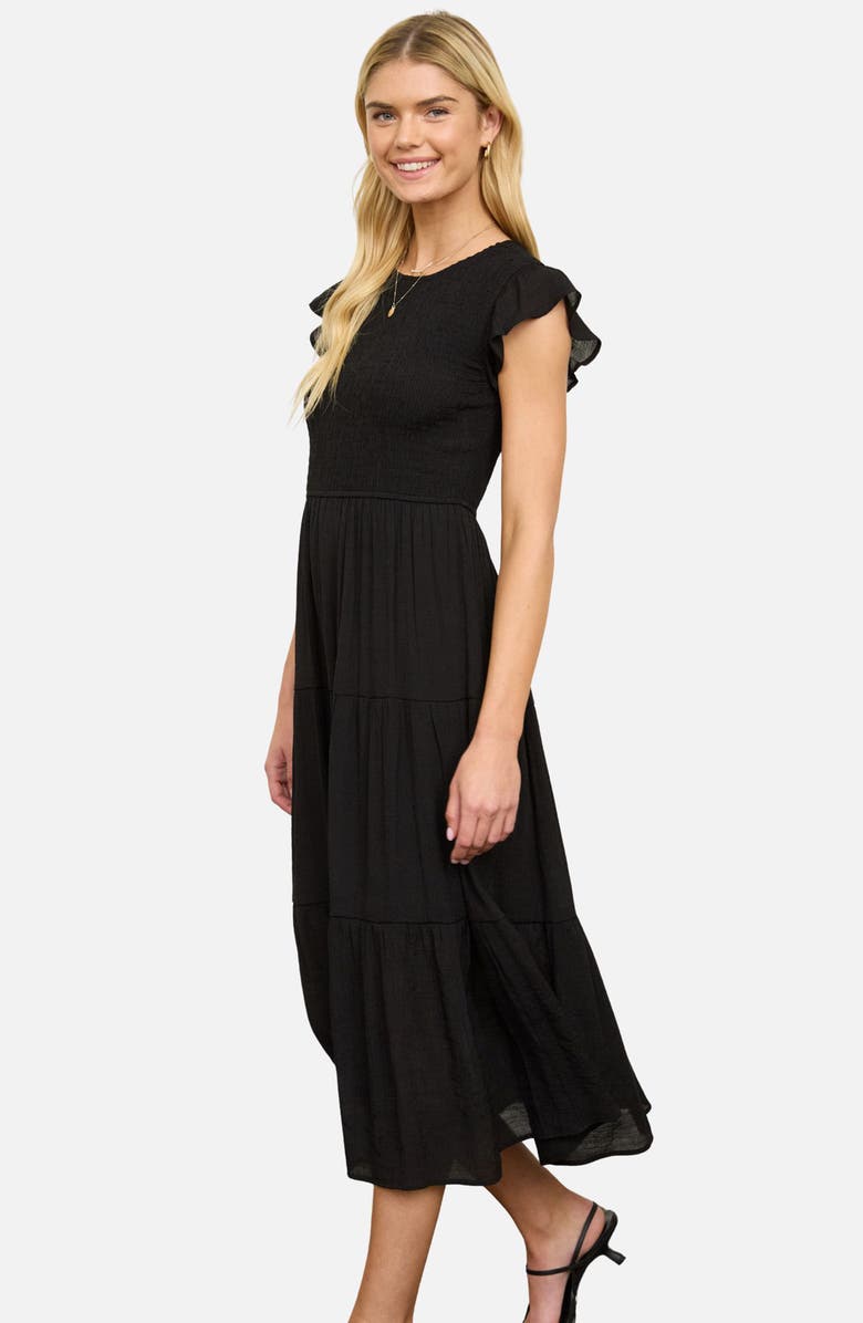 Blu Pepper Smocked Cap Sleeve Tiered Midi Dress, Alternate, color, Black