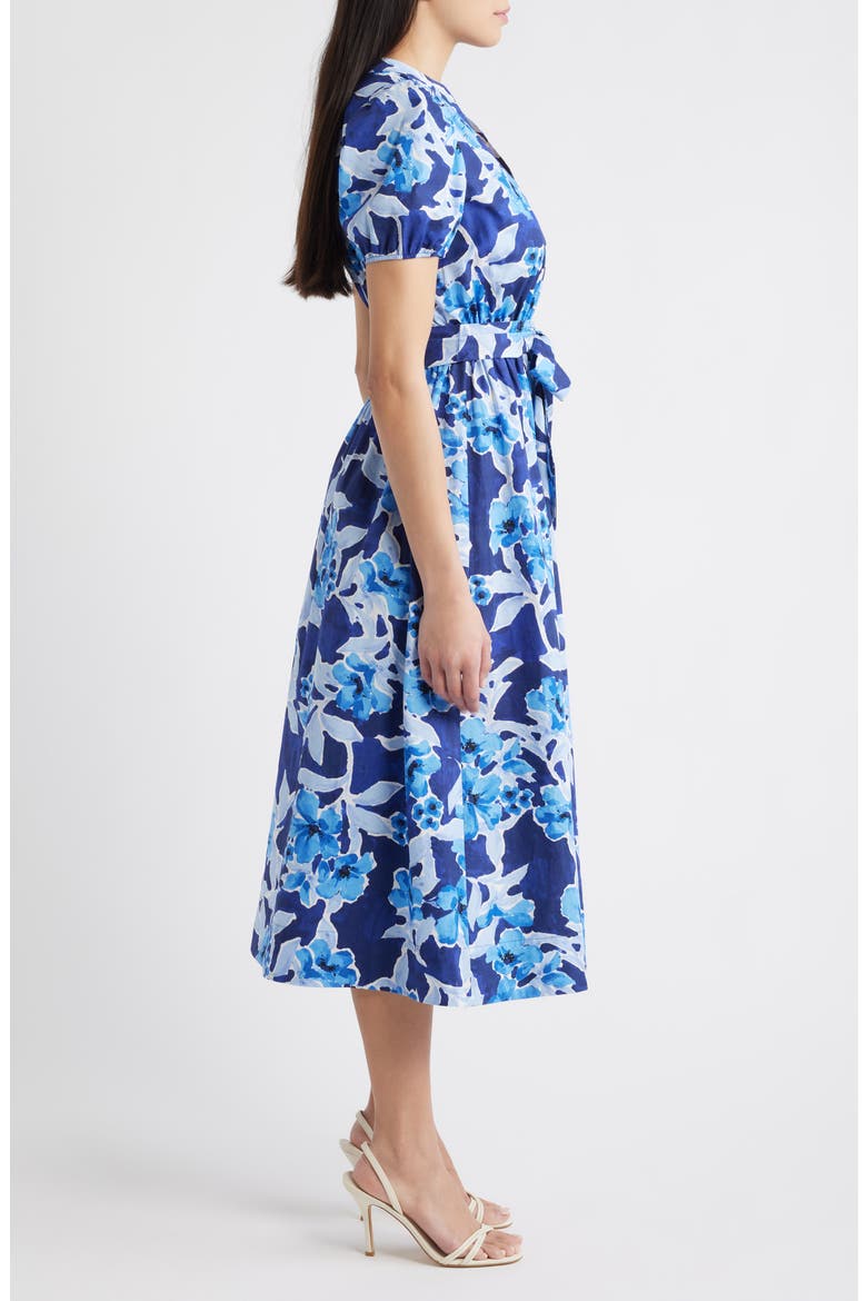Floral Belted Puff Sleeve Cotton Midi Dress, Alternate, color, SANTORINI BLUE MULTI