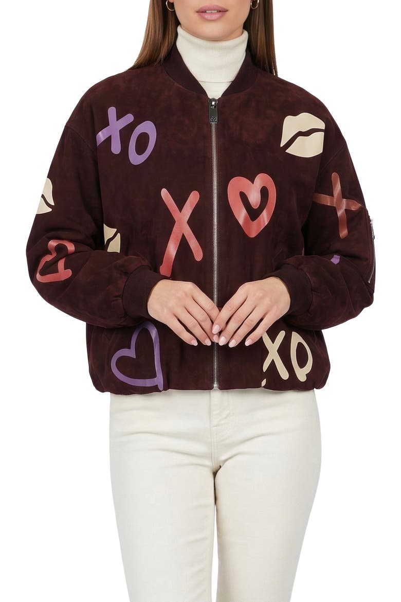 Genuine Metis Suede Bomber Zip Jacket, Alternate, color, BURGUNDY/XO MULTI