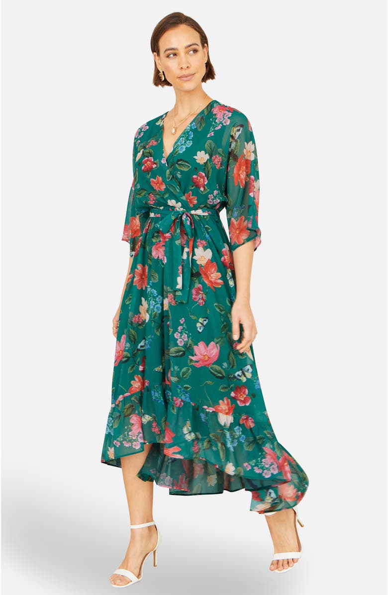 Yumi Floral Dip Hem Dress, Alternate, color, Green