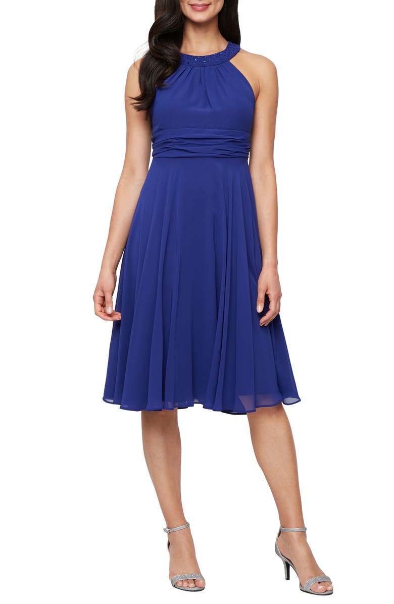 SL FASHIONS Beaded Detail Chiffon Halter Dress with Jacket, Alternate, color, Iris