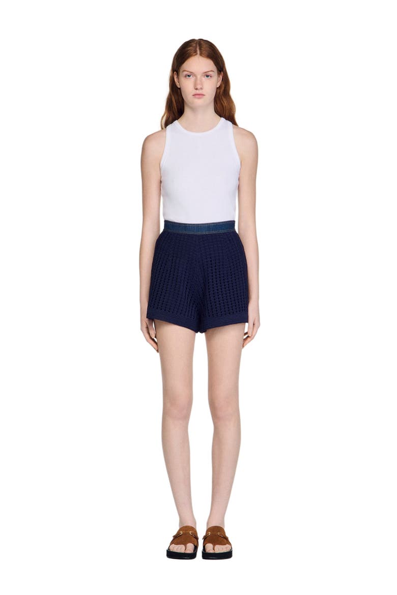 High-waisted crochet shorts, Main, color, Navy blue