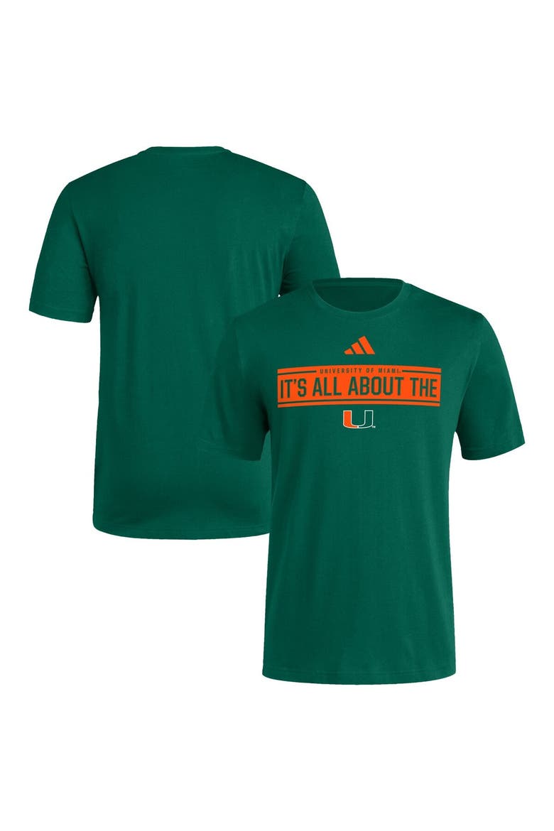 Men's adidas Green Miami Hurricanes Locker Slogan Pre-Game T-Shirt, Main, color, Green