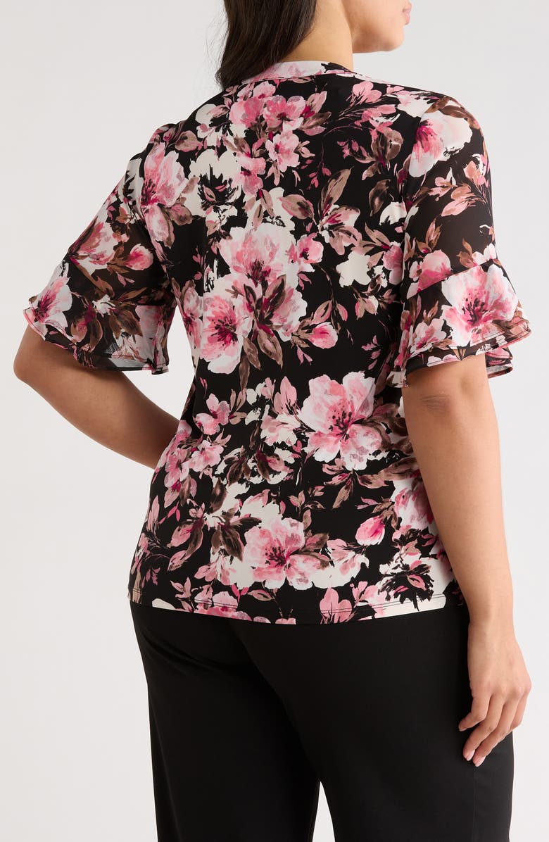 AK ANNE KLEIN Floral Ruffle Elbow Sleeve Top, Alternate, color, Anne Black Multi