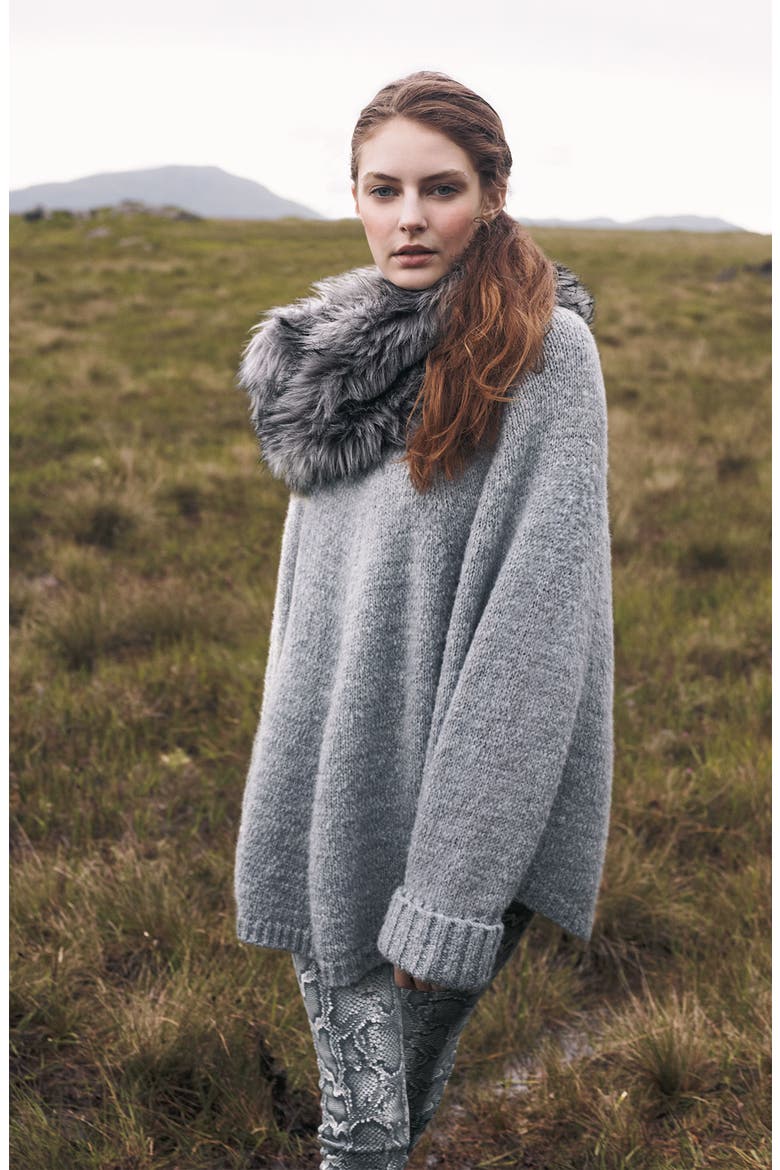 Faux Fur Trim Poncho Sweater, Alternate, color, PEARL