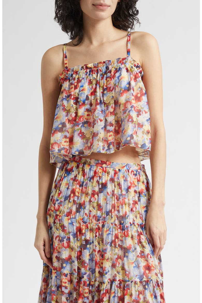 Wildflower Ruffle Trim Crop Babydoll Tank Top, Main, color, GARDENIA MULTI