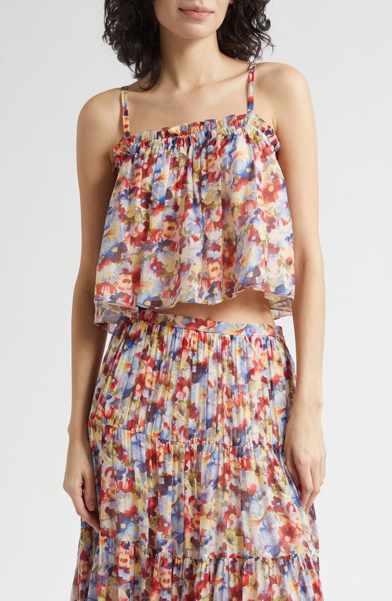 Cinq à Sept Wildflower Ruffle Trim Crop Babydoll Tank Top, Main, color, Gardenia Multi