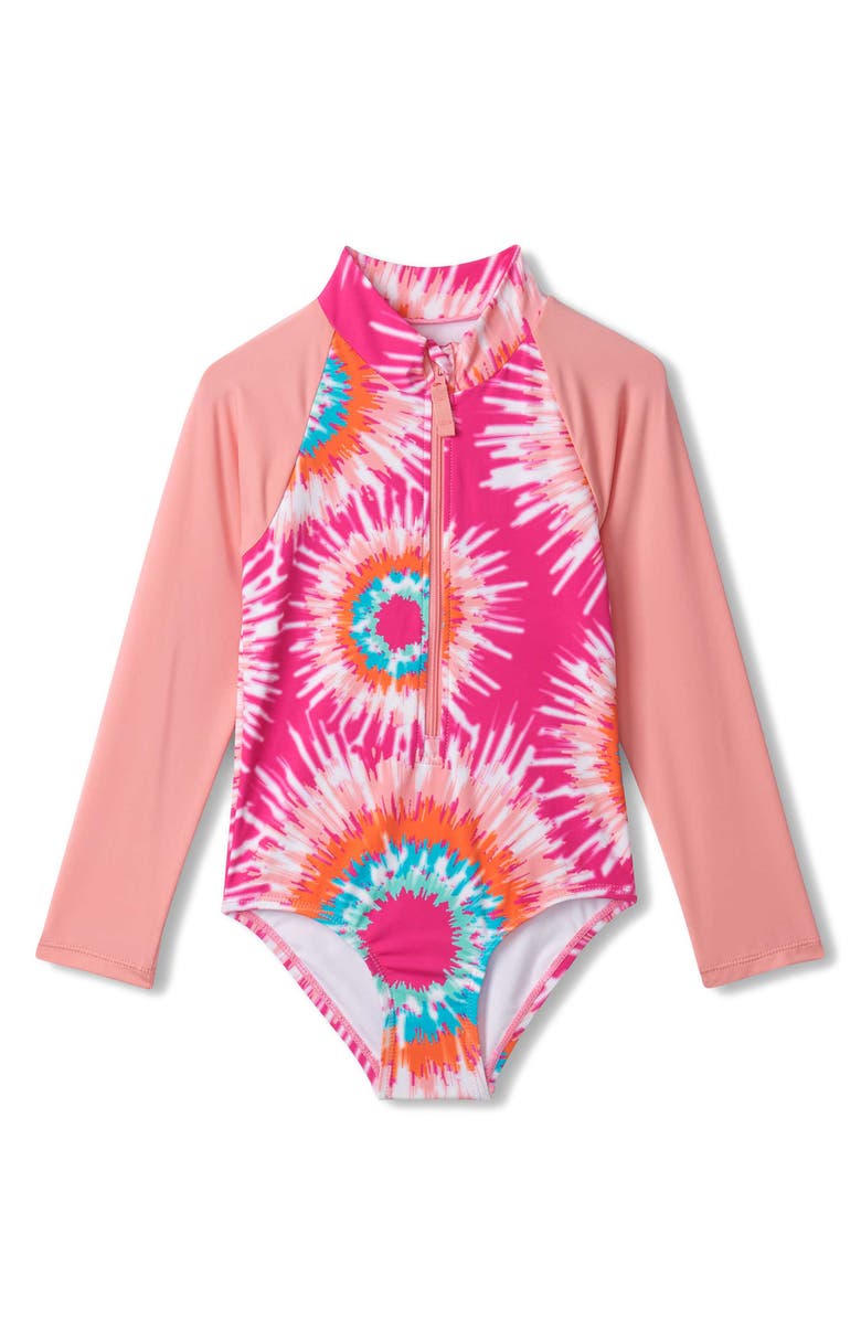 Hatley Kids' Sunburst Tie Dye One-Piece Rashguard Swimsuit, Main, color, 