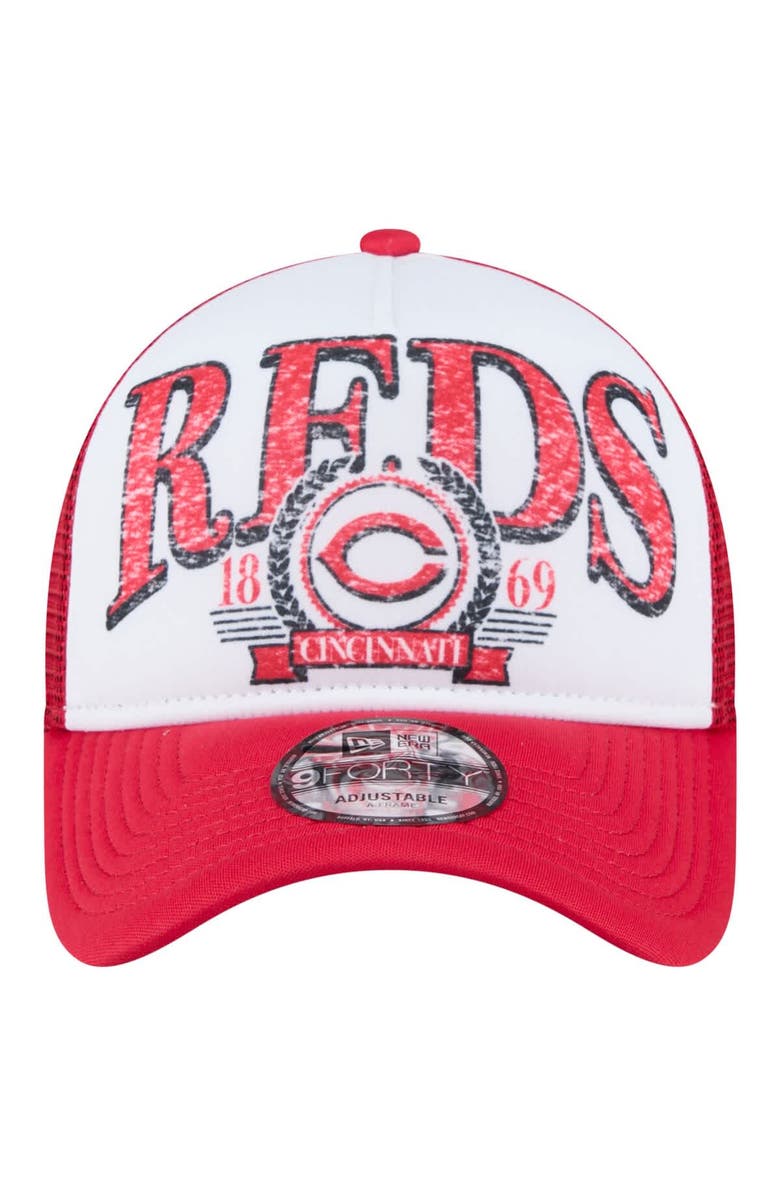 New Era Men's New Era White/Red Cincinnati Reds Distressed 9FORTY A-Frame Adjustable Trucker Hat, Alternate, color, White