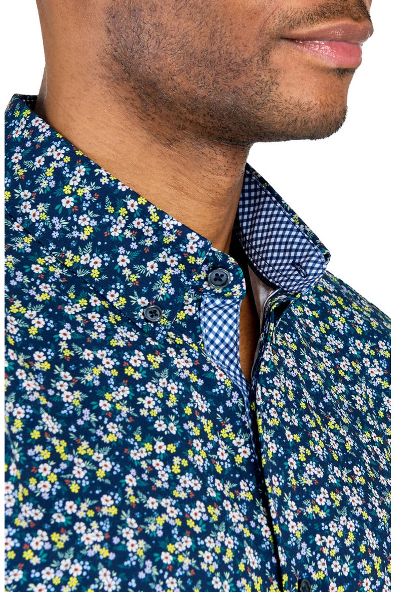 Slim Fit Mini Floral Recycled 4-Way Stretch Performance Short Sleeve Shirt, Alternate, color, NAVY