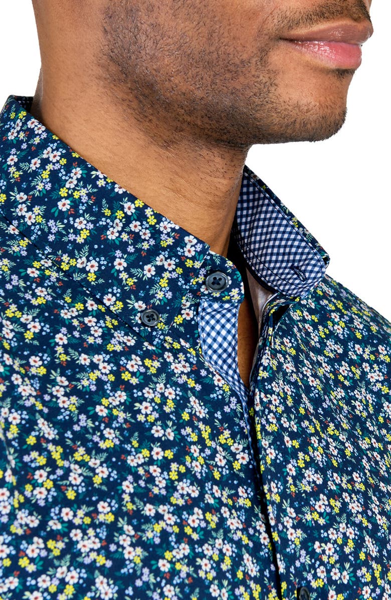 CONSTRUCT Slim Fit Mini Floral Recycled 4-Way Stretch Performance Short Sleeve Shirt, Alternate, color, Navy