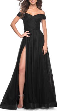 La Femme A-Line Tulle Prom Dress with Off the Shoulder Top
