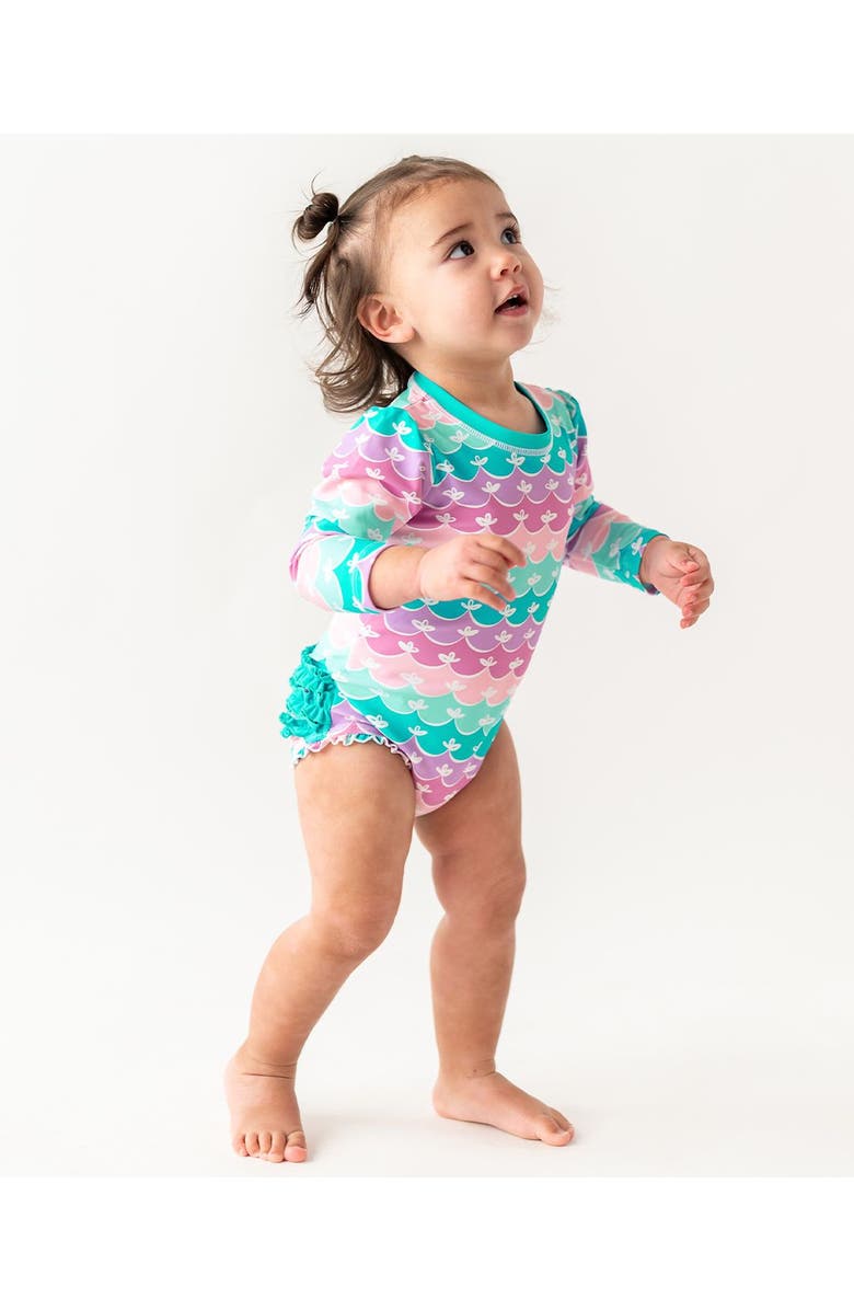 RuffleButts Baby Girls Long Sleeve UPF50+ One Piece Rash Guard, Alternate, color, Mermaid