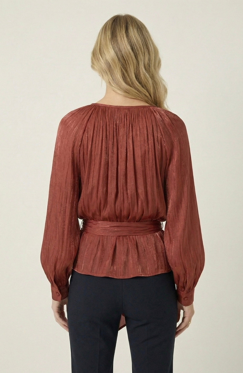 Modenaire Long Sleeve Tie Neck Waist Belt Blouse, Alternate, color, Rust