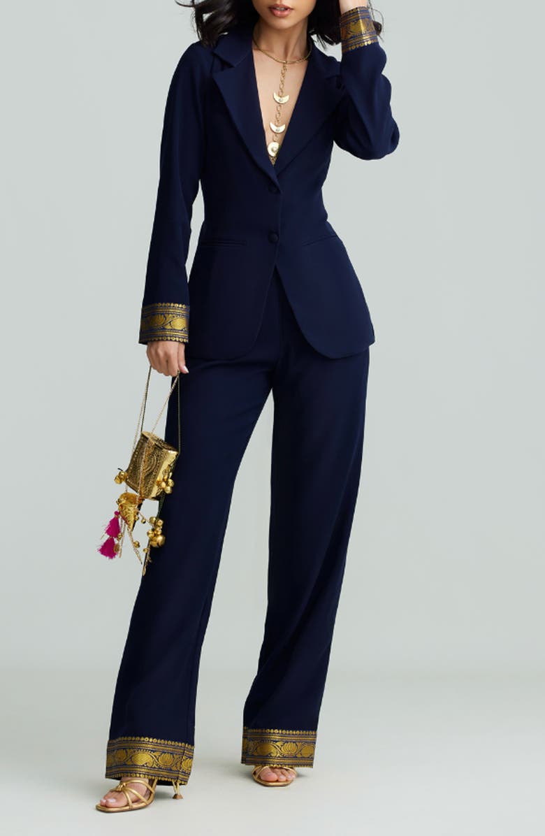 holiCHIC Mila Metallic Contrast Cuff Blazer, Alternate, color, Navy Blue