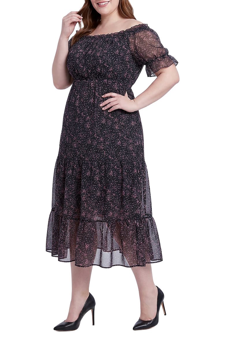 Floral Off the Shoulder Midi Dress, Alternate, color, BLACK FLORAL