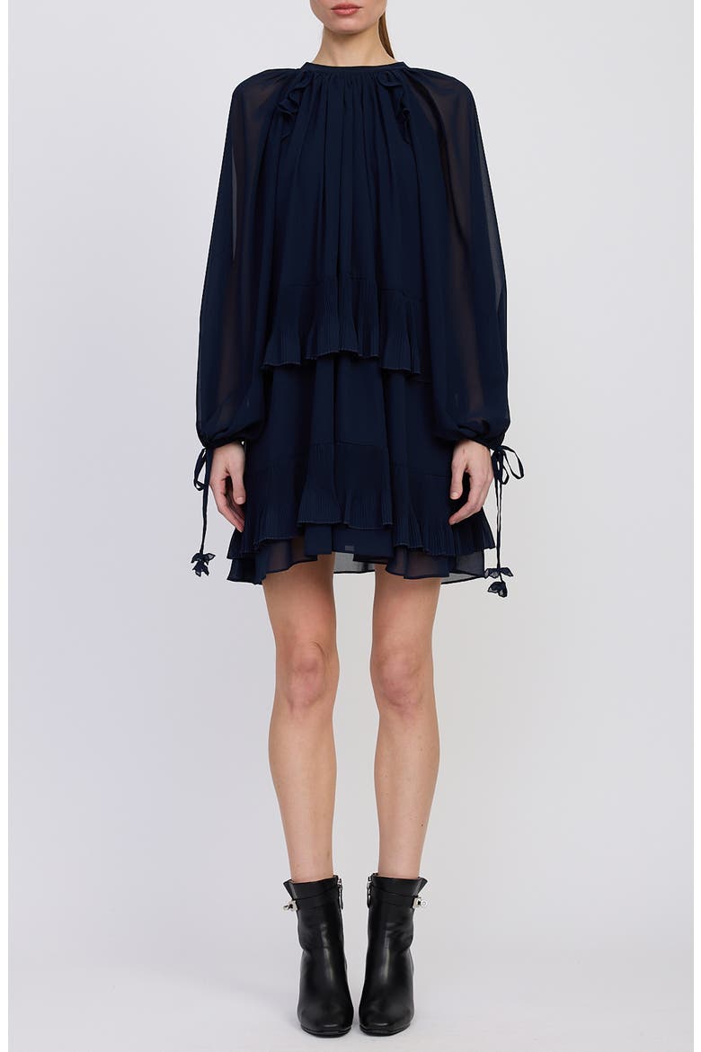 Nicolette Tiered Ruffle Long Sleeve Trapeze Dress, Main, color, NAVY