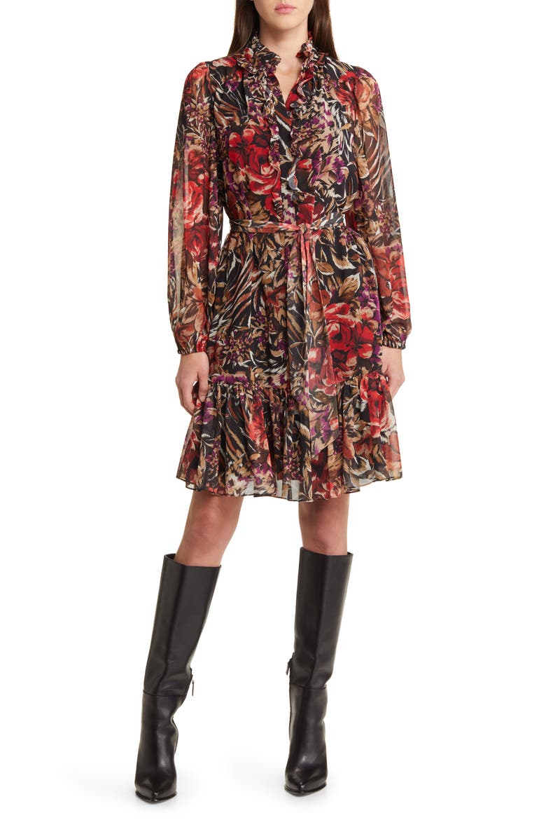 Sami Floral Ruffle Balloon Sleeve Chiffon Dress, Main, color, BLACK MULTI