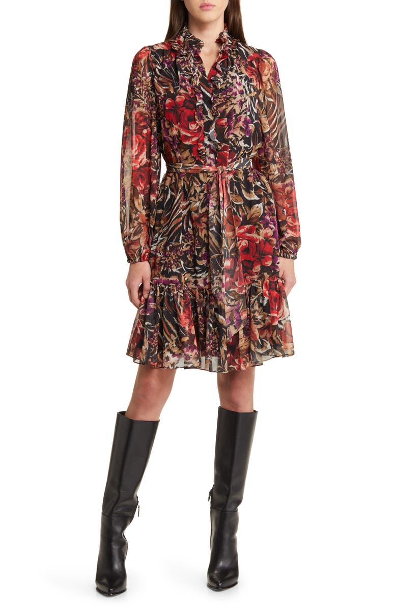 KOBI HALPERIN Sami Floral Ruffle Balloon Sleeve Chiffon Dress, Main, color,