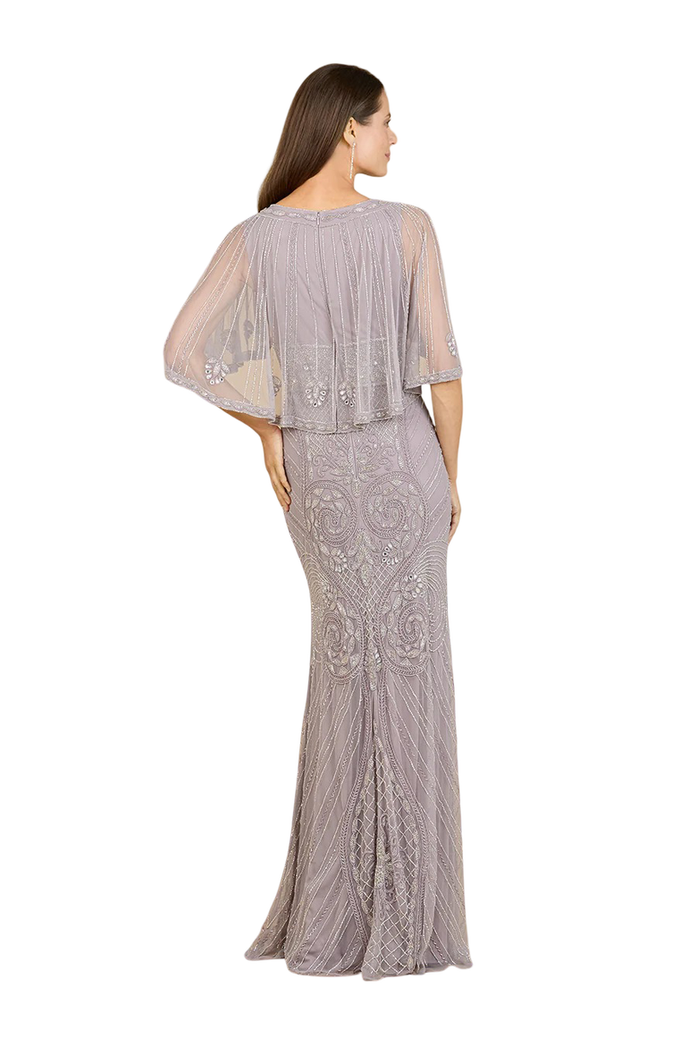 Cape Sleeve V-Neck Beaded Gown, Alternate, color, Lilac