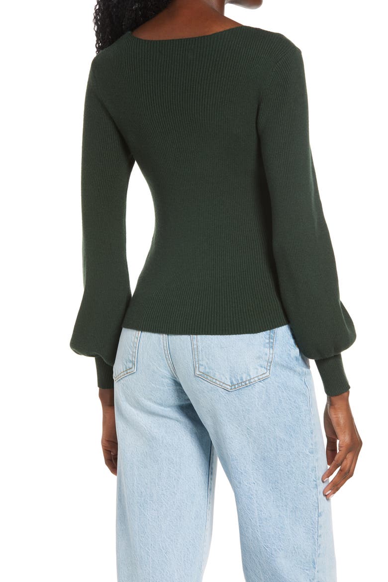 Rib V-Neck Gather Pullover, Alternate, color, FOREST GREEN