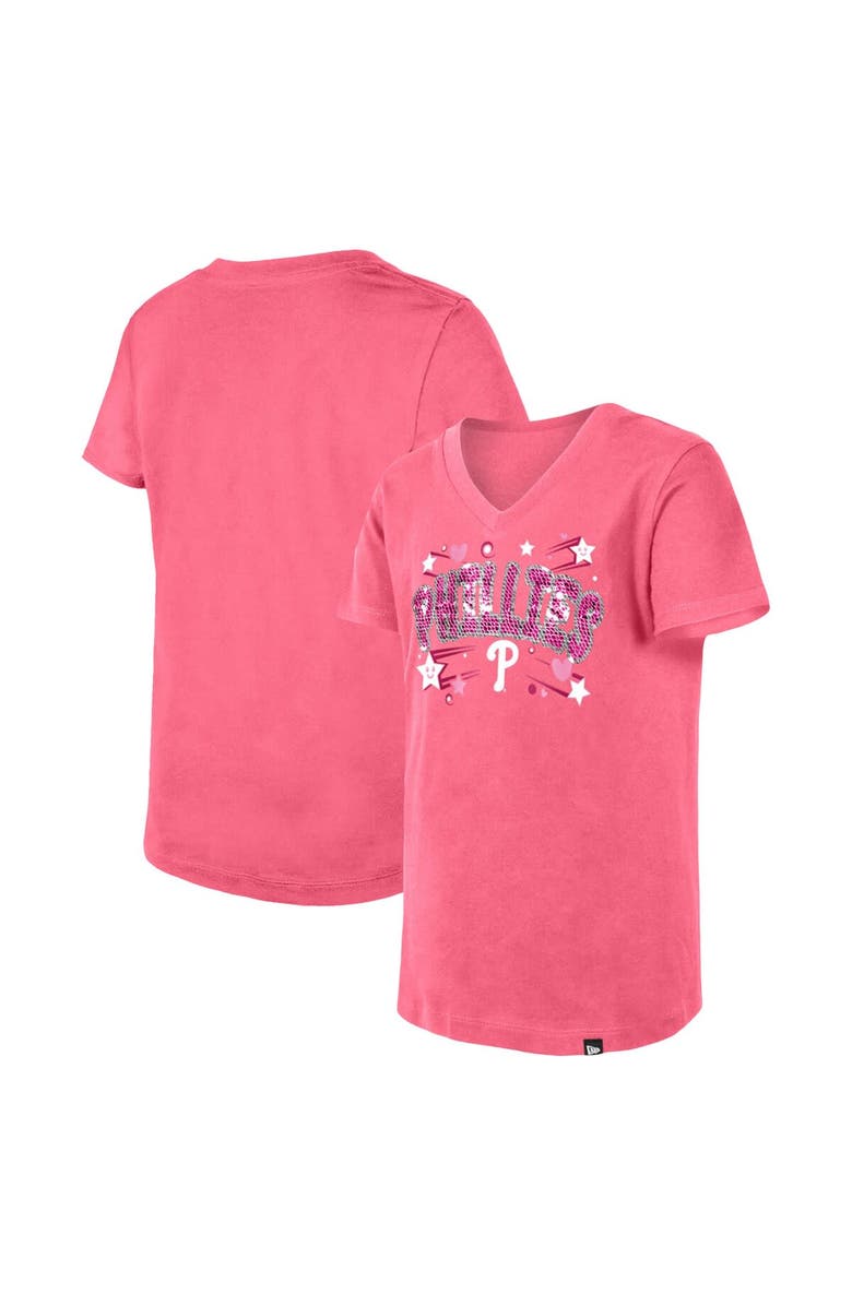 New Era Girls Youth New Era Pink Philadelphia Phillies Sequin V-Neck T-Shirt, Main, color, 