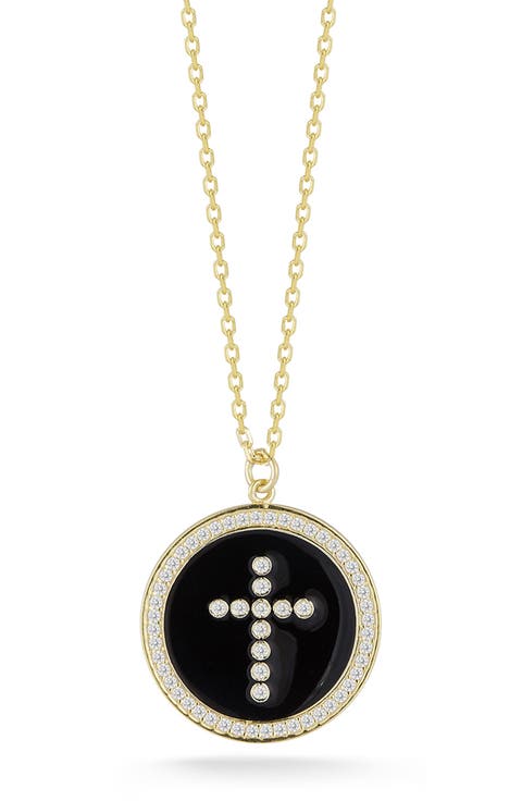 14K Gold Plated Cubic Zirconia Cross Medallion Pendant Necklace