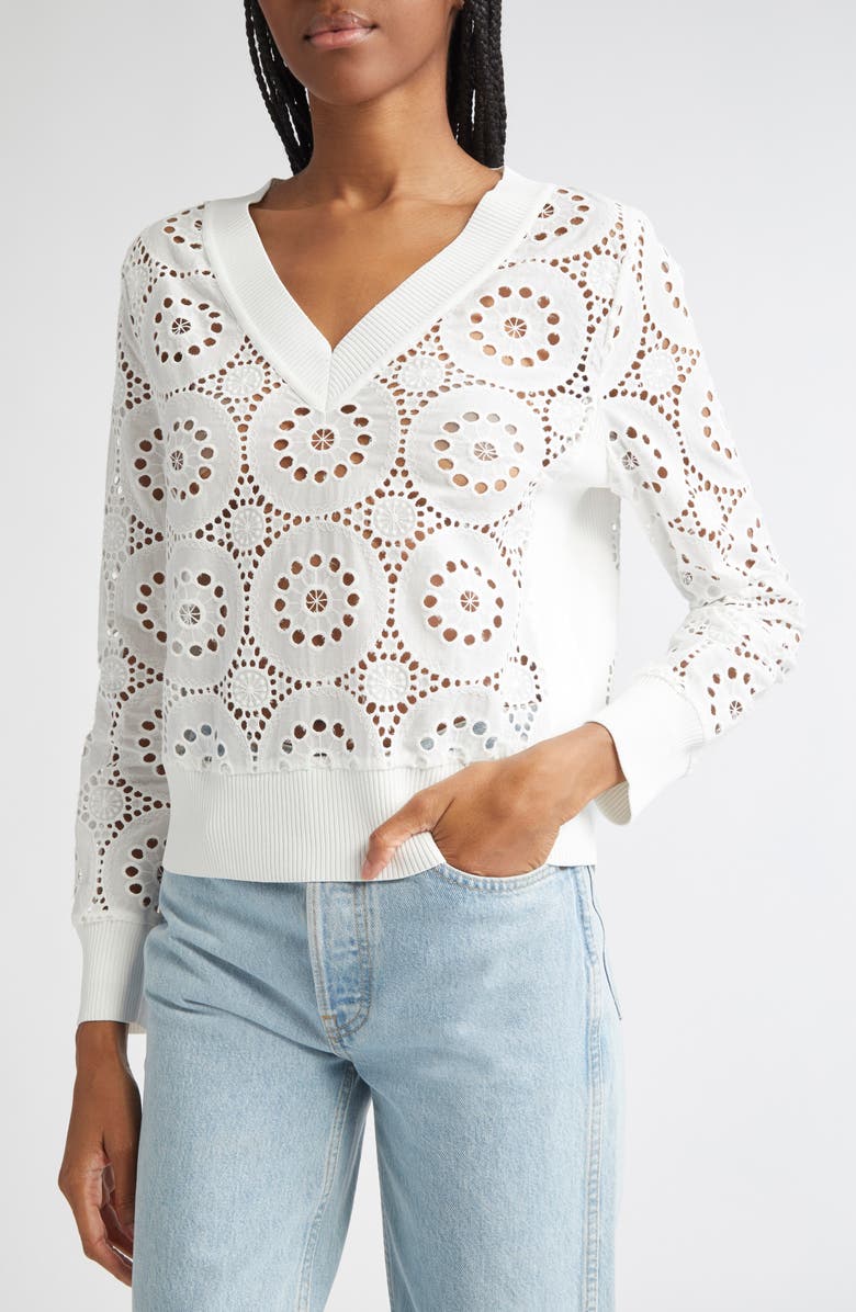 Milly Embroidered Eyelet Cotton V-Neck Top, Alternate, color, 