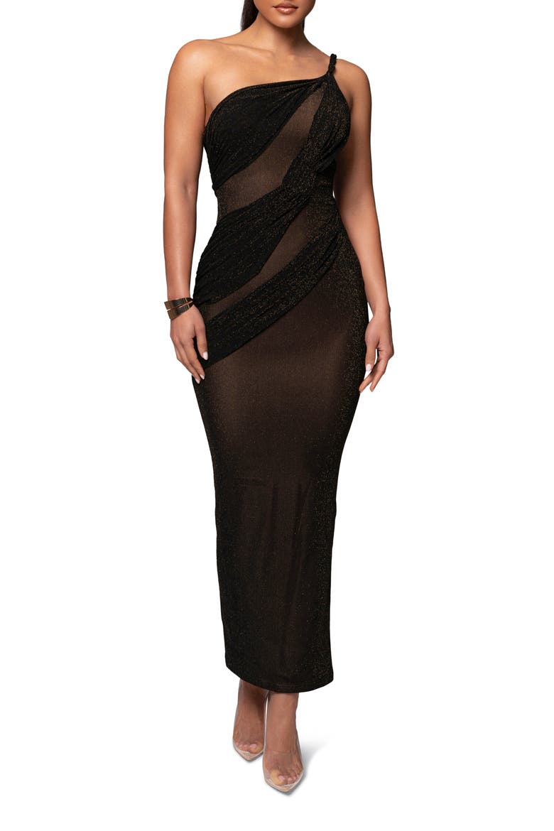 Alari One-Shoulder Sparkle Mesh Gown, Main, color, BLACK