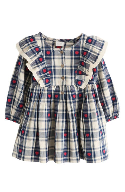 Kids' Embroidered Heart Check Frill Dress