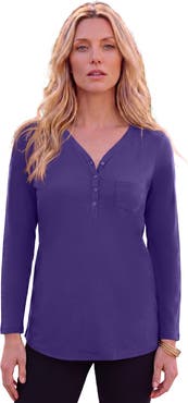 Roaman's Plus Size Long Sleeve Sweetheart Henley Tee