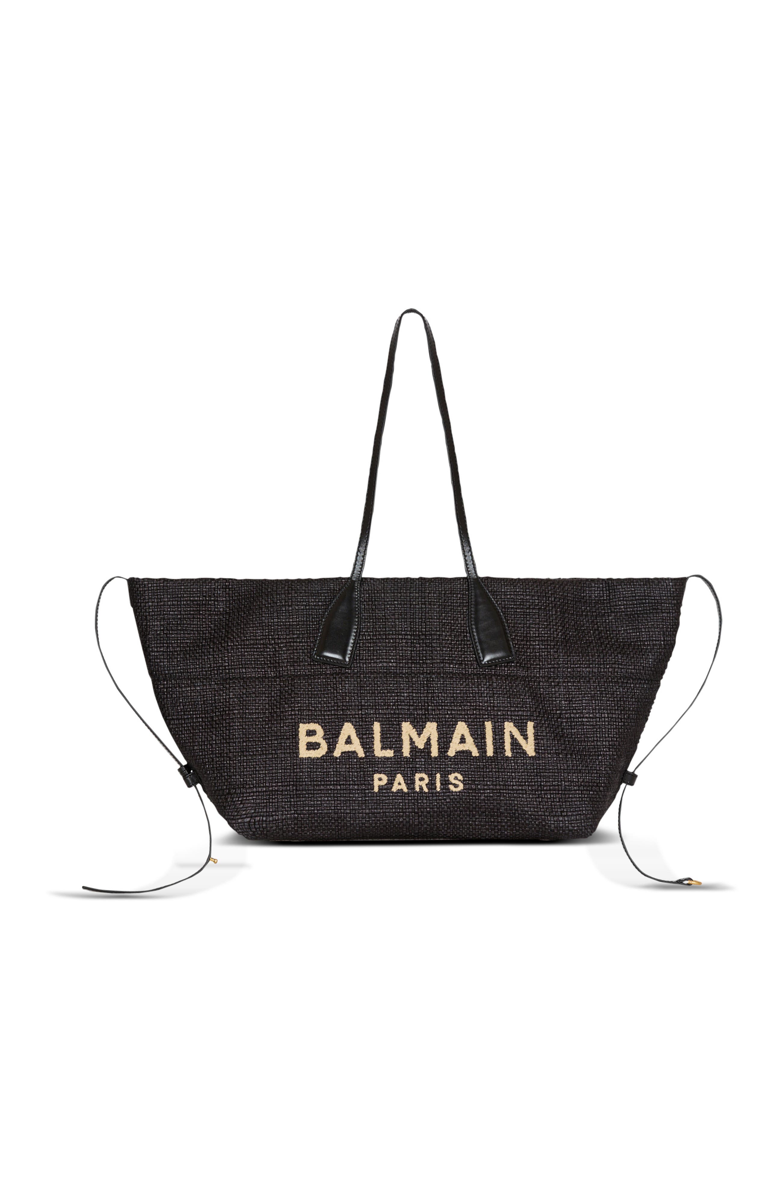 Balmain Track tote bag in raffia and calfskin, Main, color, Black