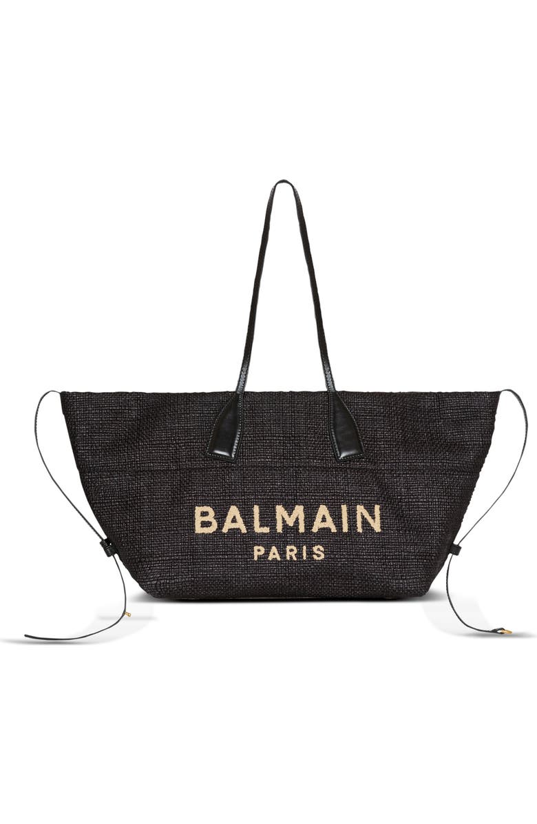 Balmain Track tote bag in raffia and calfskin, Main, color, Black