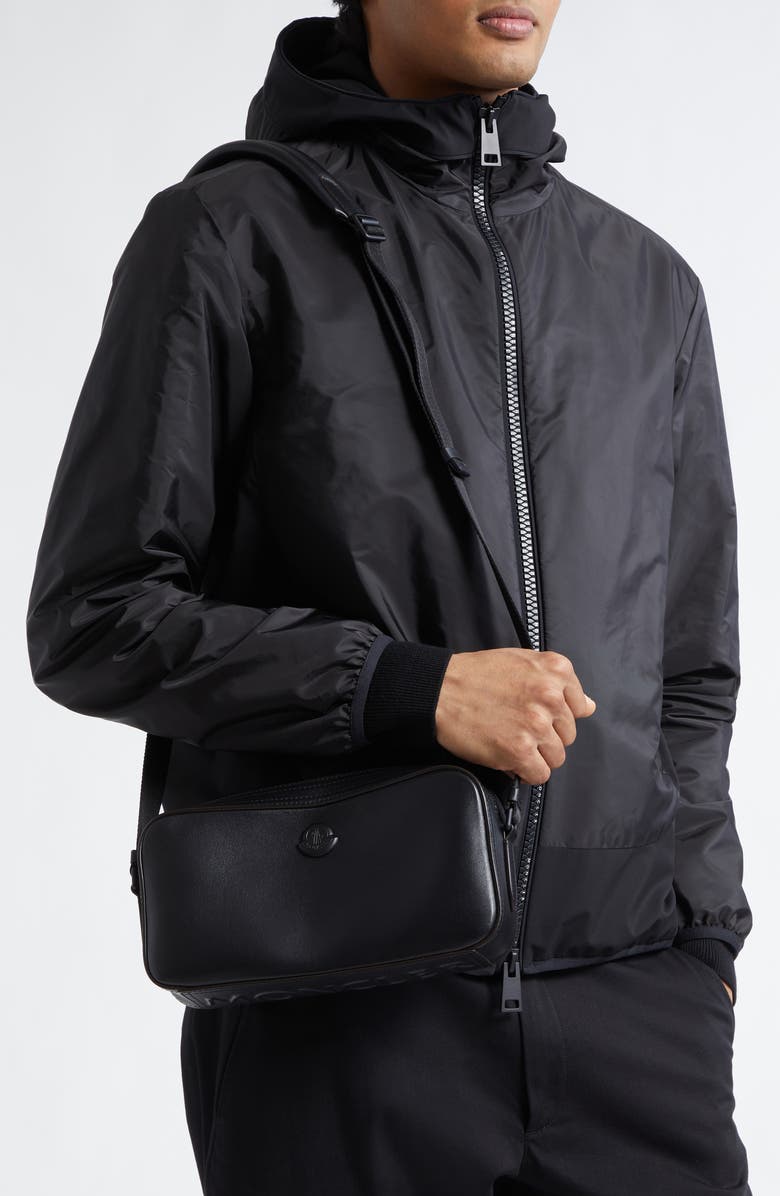 Moncler Carlo Leather Crossbody Bag, Alternate, color, Black