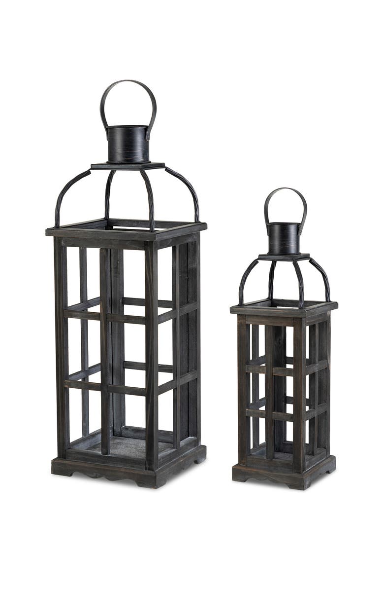 Glitzhome Set of 2 Farmhouse Vintage Wood & Metal Lanterns Candle Holders with Hanger, Main, color, Black