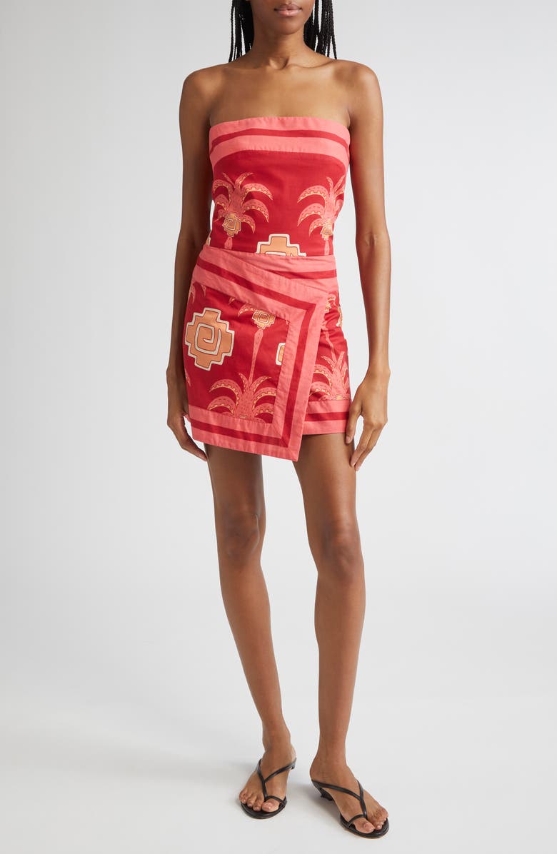 Johanna Ortiz Raiz Ritual Strapless Faux Wrap Minidress, Main, color, Magenta/ Pink/ Camel