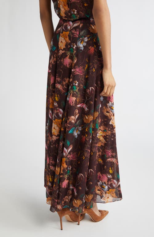 Lela Rose Floral Chiffon A-line Maxi Skirt In Brown