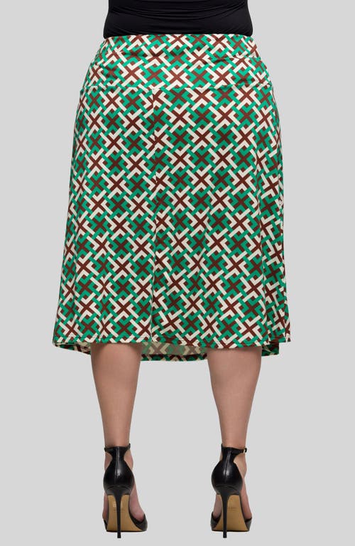 24seven Comfort Apparel Plus Size Print Comfortable Elastic Waist Knee Length Skirt In Green Multi