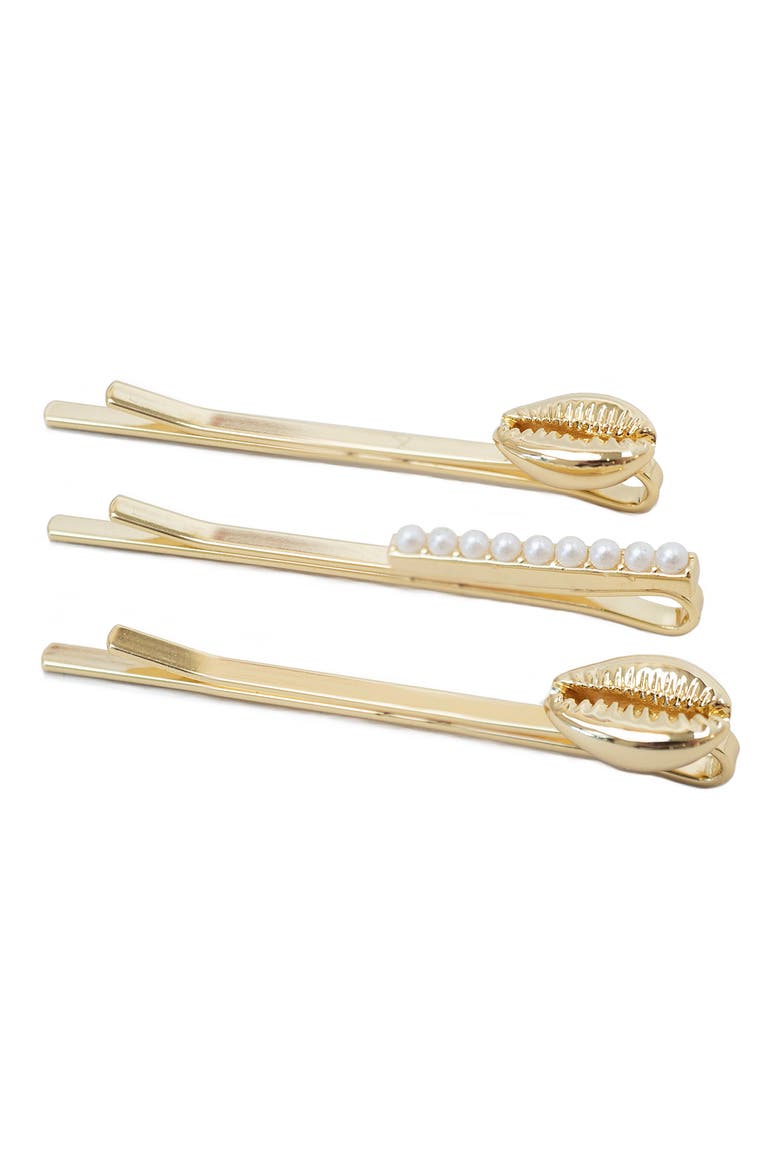 3-Pack Imitation Pearl & Shell Bobby Pins, Main, color, GOLD
