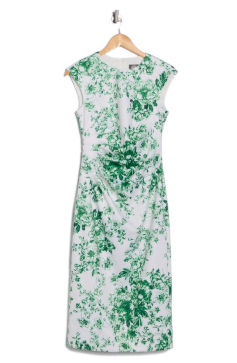 Vince Camuto Floral Pleated Scuba Knit Sheath Dress, Alternate, color, Green/ Ivory